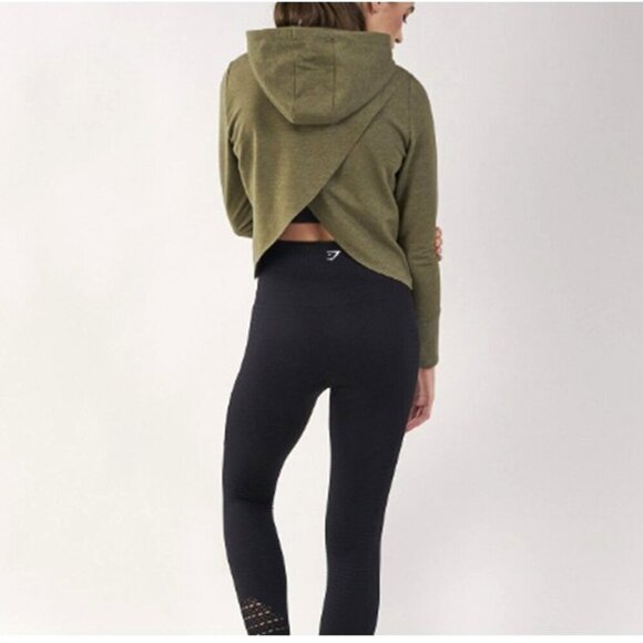 Gymshark Cross Back Marl Khaki Pull Over Hoodie Active Cropped Sweatshirt - Picture 9 of 10